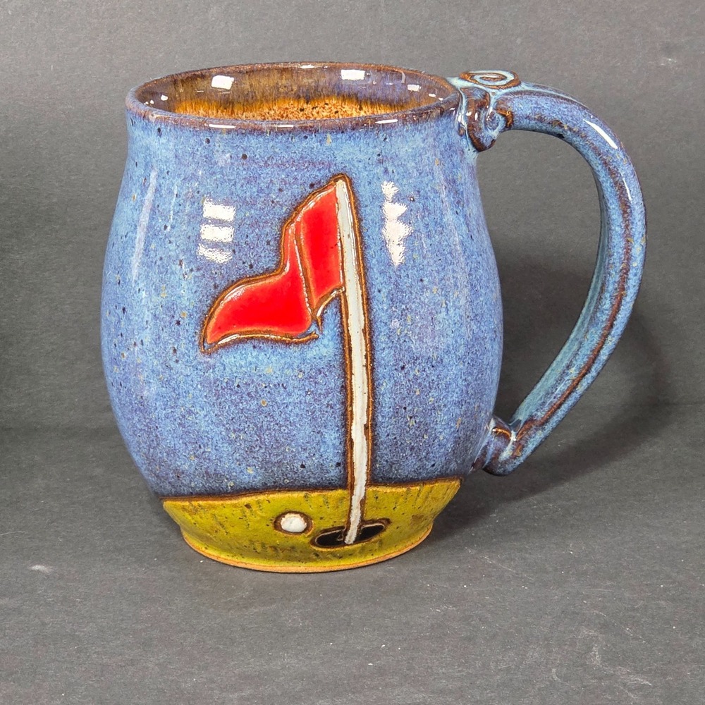 Studio Pottery Golf Mug Flag Ball‎ Blue Glaze Signed Vintage Artisan Cup